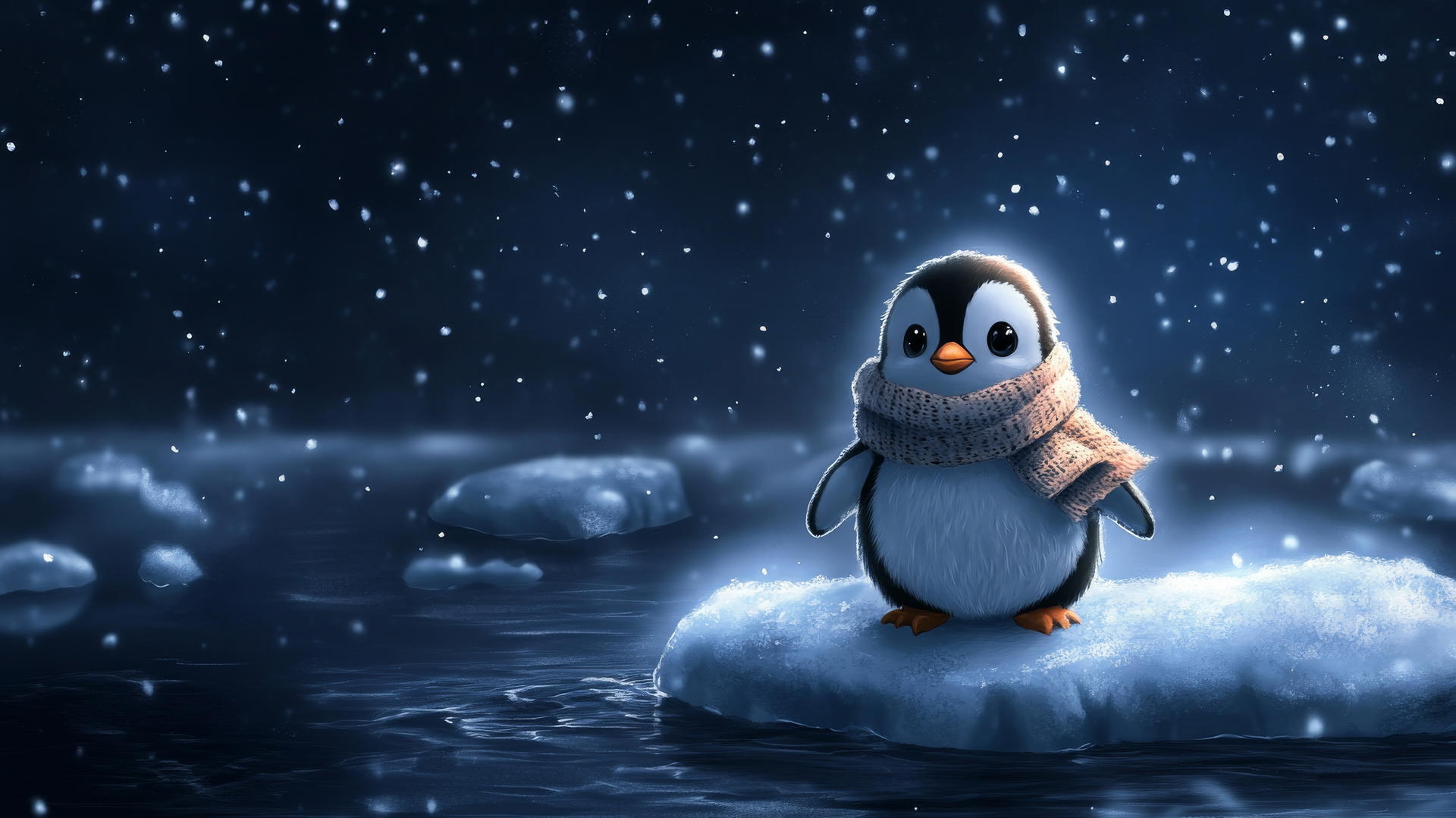 Black cute wallpaper featuring cartoon penguin with scarf on ice floe under starry sky.
