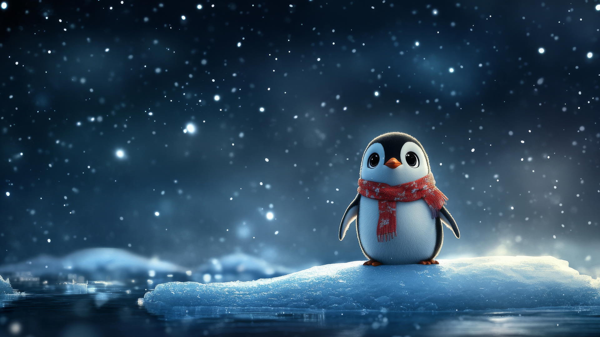 black cute wallpaper with a tiny cartoon penguin on ice floe under starry sky