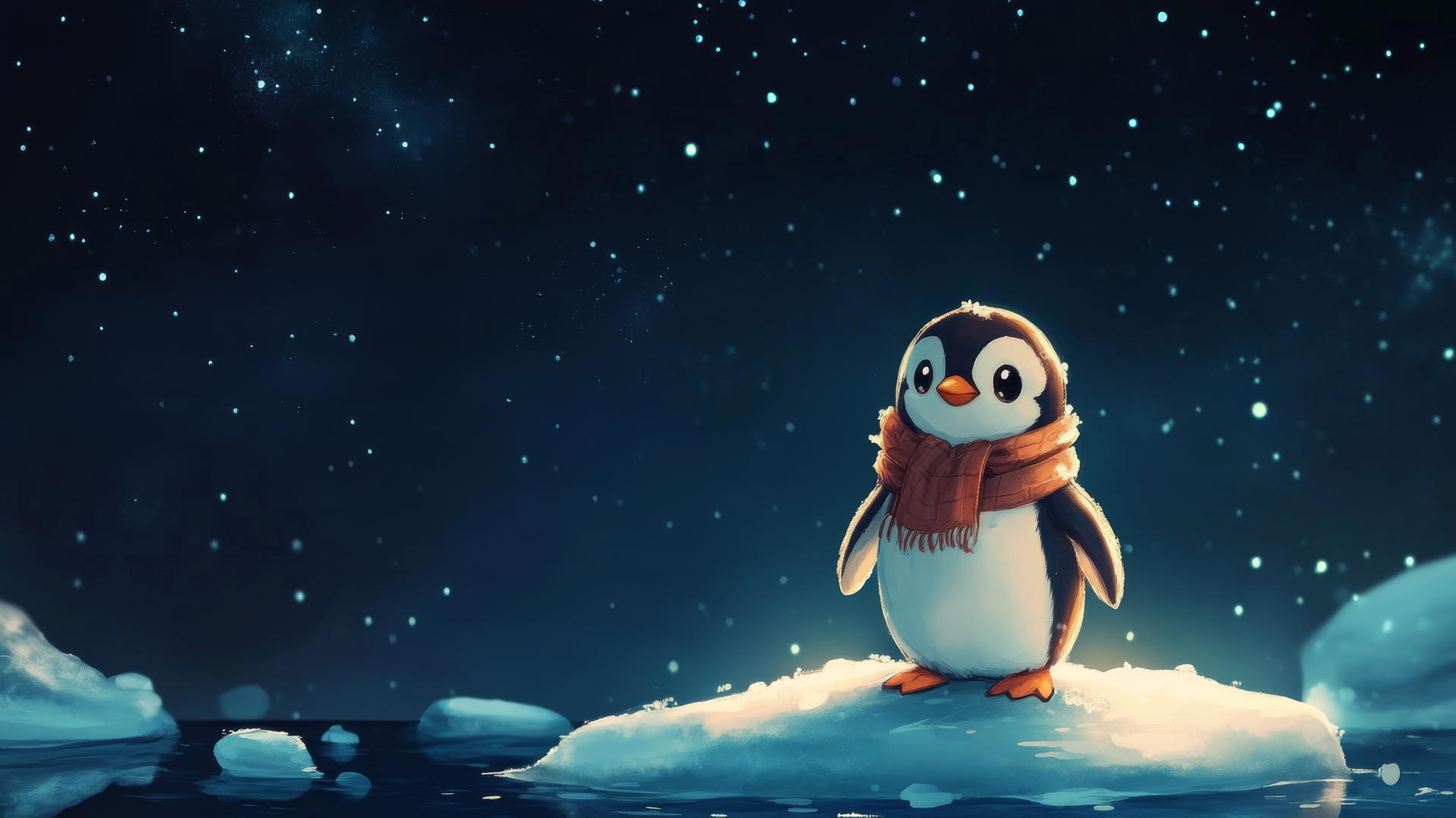Black cute wallpaper featuring a tiny cartoon penguin with a scarf on an ice floe under a starry sky.