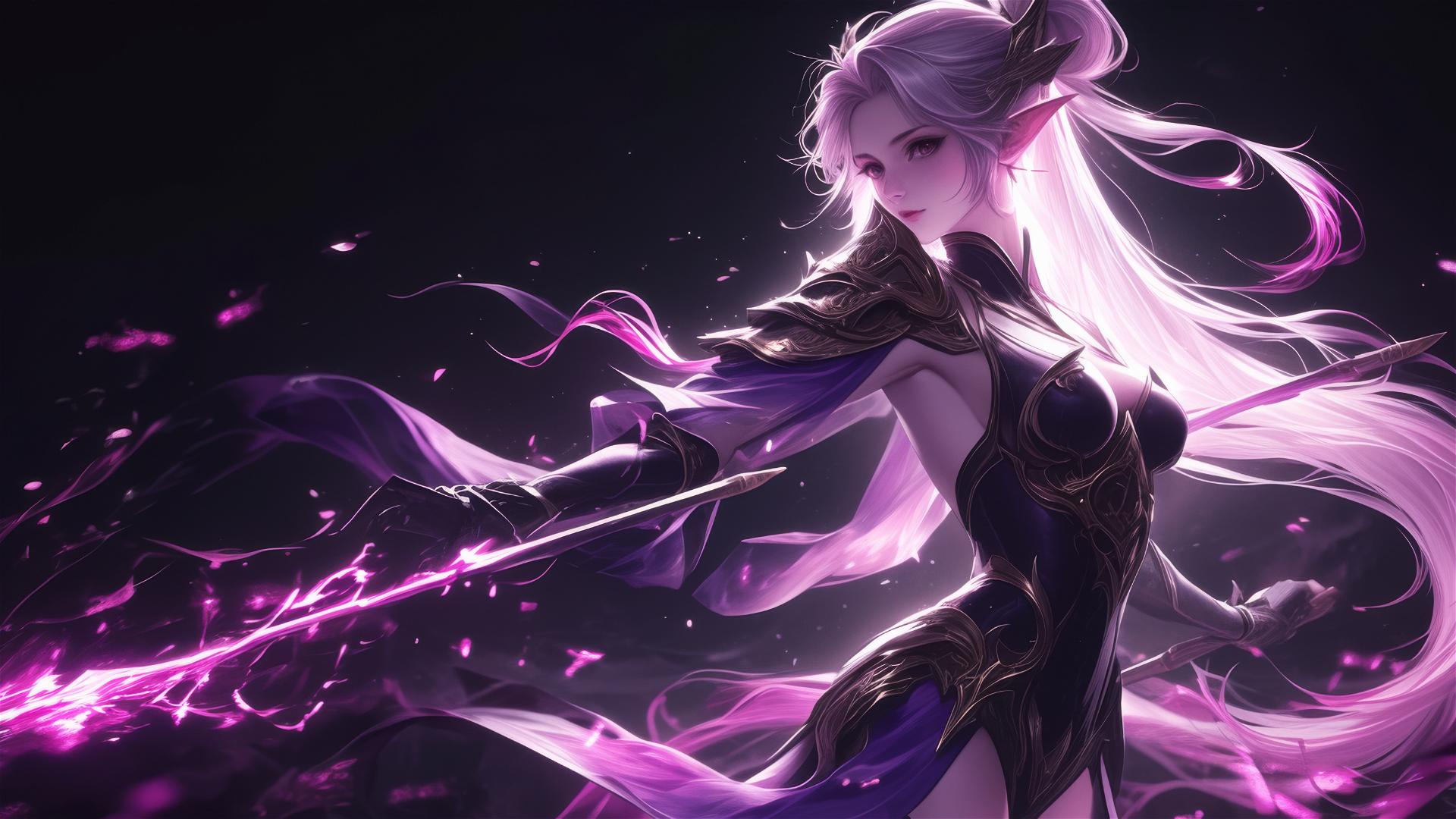 Fantasy Elf girl in dynamic pose with thigh spotlight on dark background