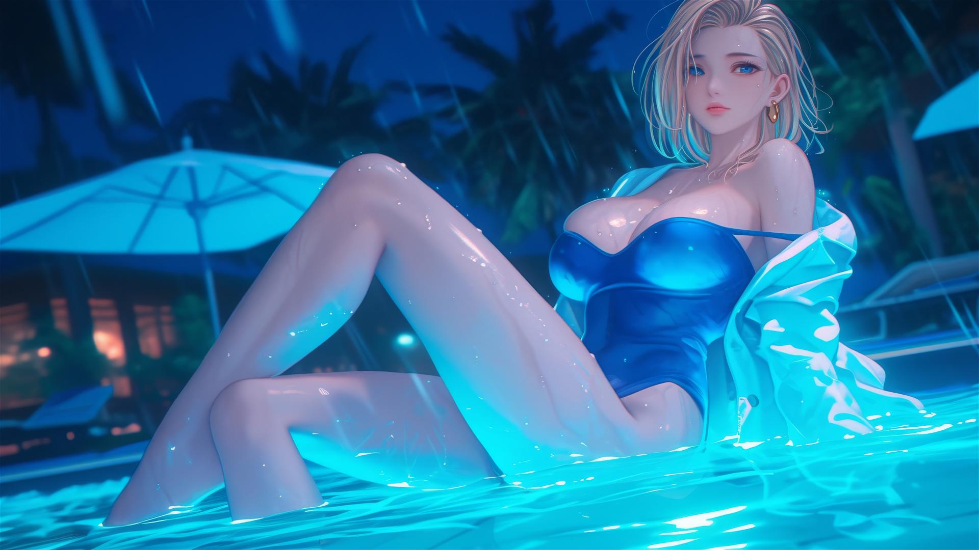 Android 18 resting by a rainy pool with moonlight