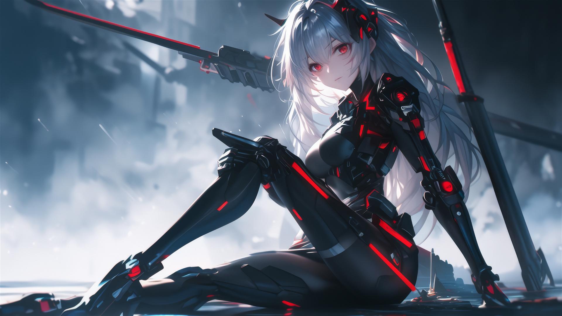 Cybernetic Agent Girl in dynamic pose with thigh focus against dark background
