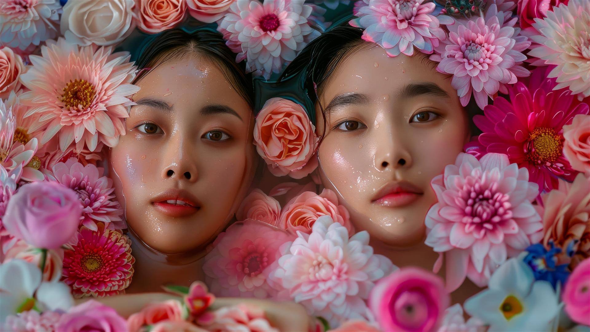 Two 20-year-old Asian women enjoying a floral bath in a Chinese spa