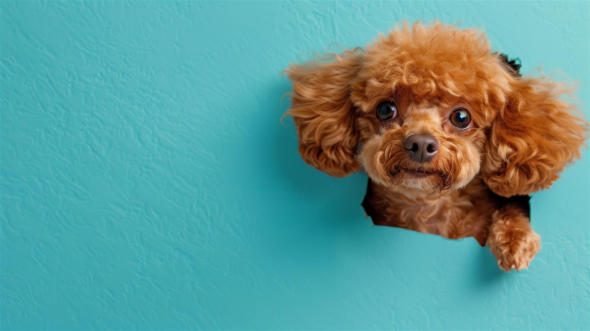 Teacup Poodle peeking through sky blue paper