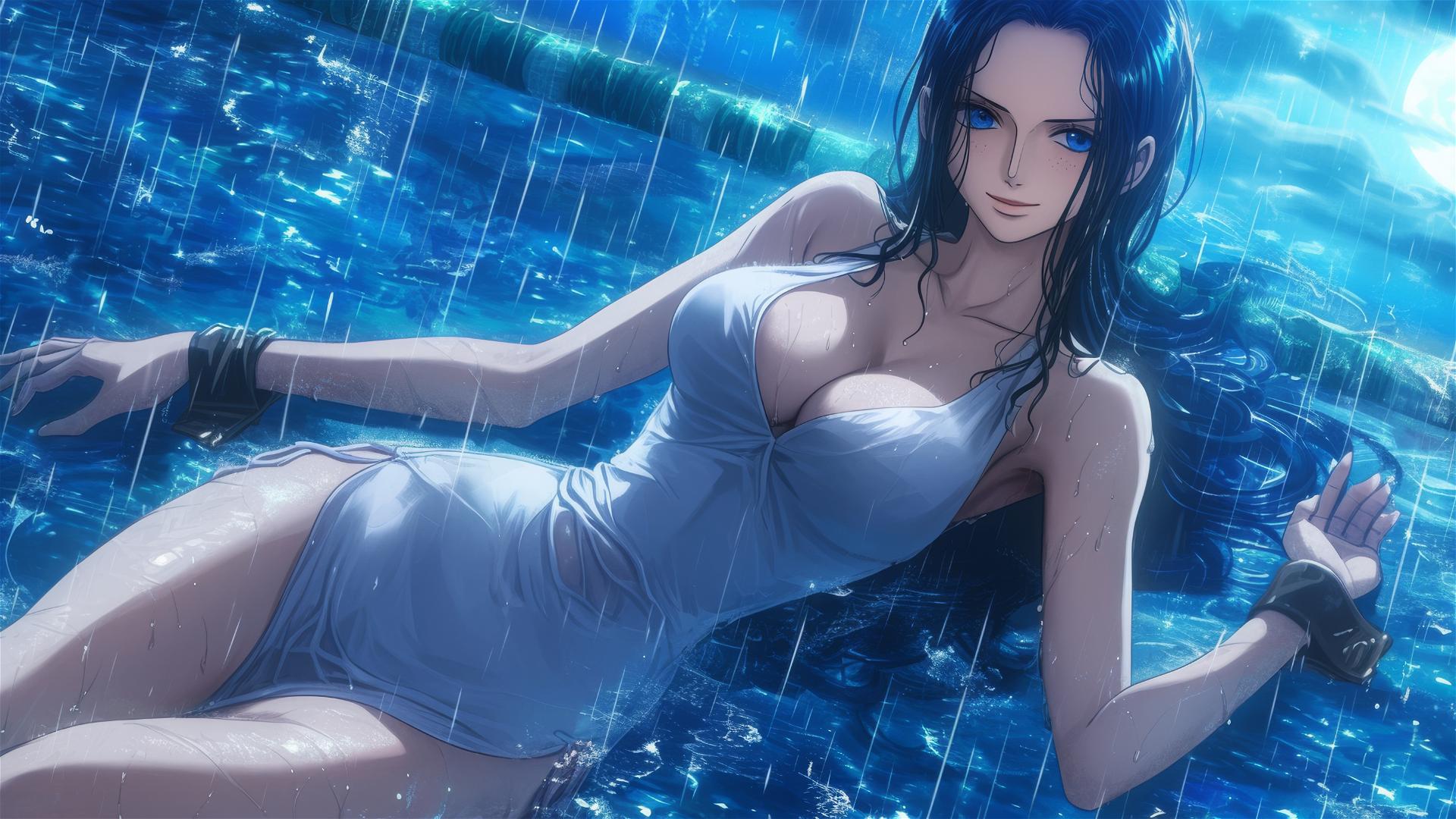 Nico Robin from One Piece swimming in a rainy pool with moonlight on her