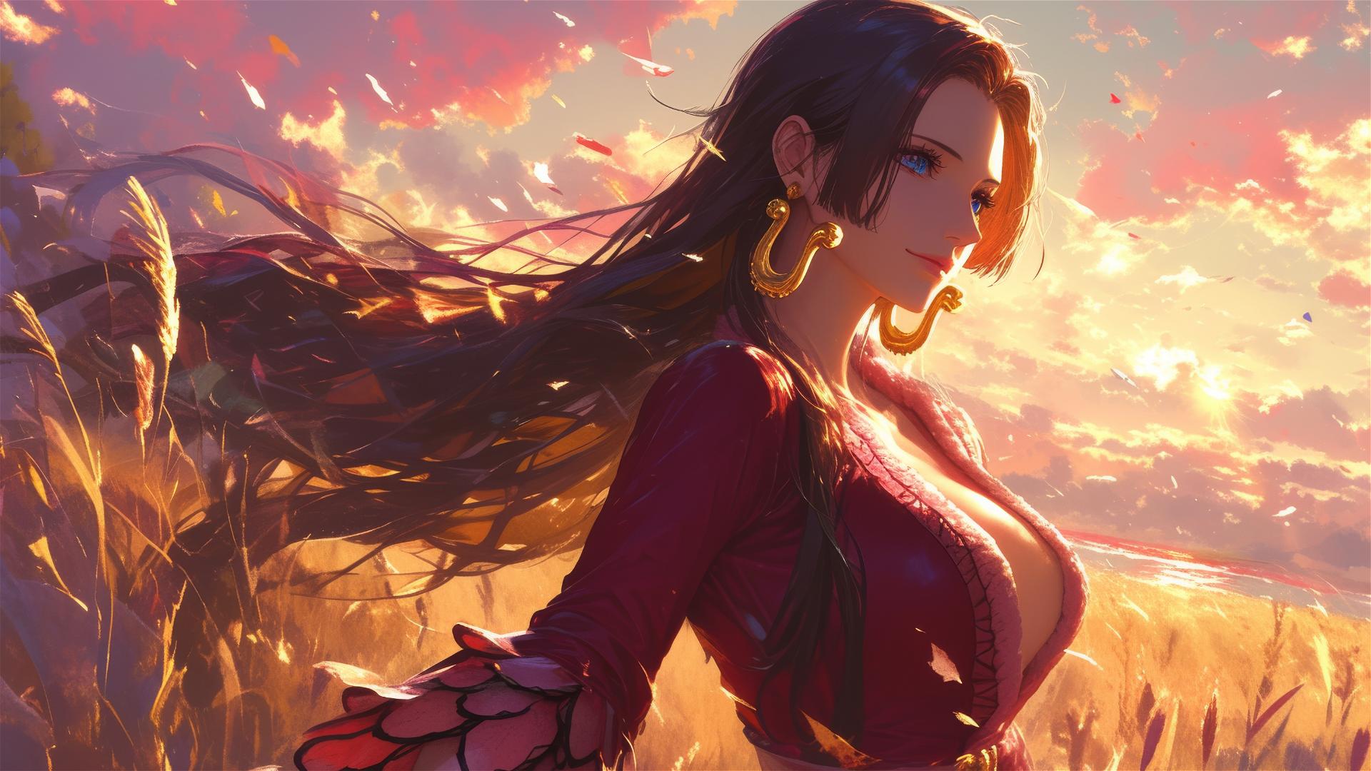 Boa Hancock from One Piece walking along riverbank during twilight