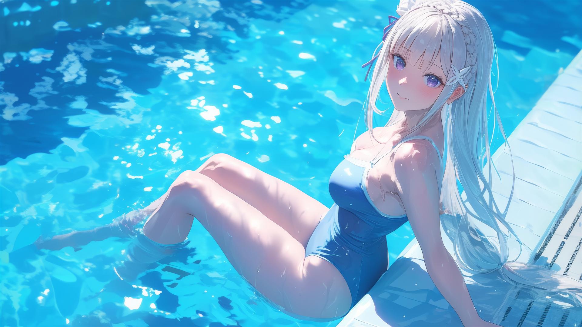 Emilia from Re:Zero resting by pool under moonlight