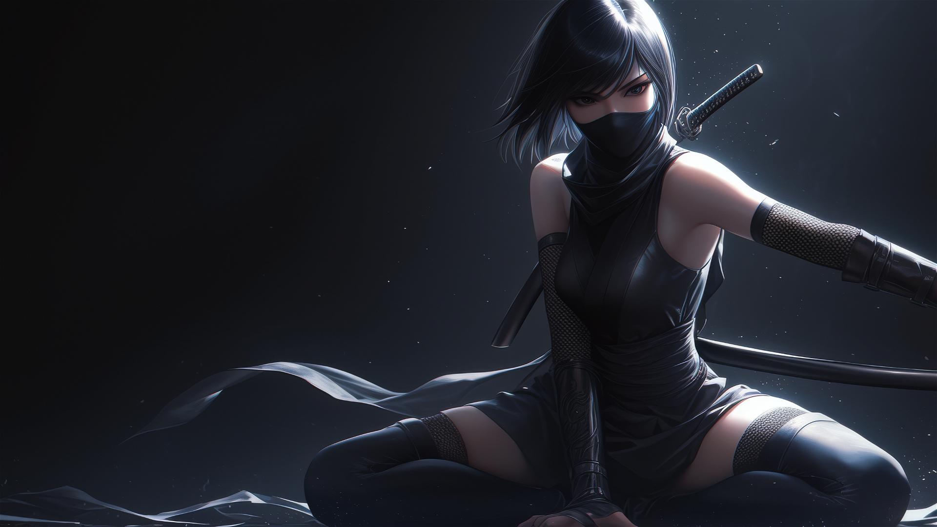 Ninja girl with short hair, masked face, and thigh focus in a dynamic pose