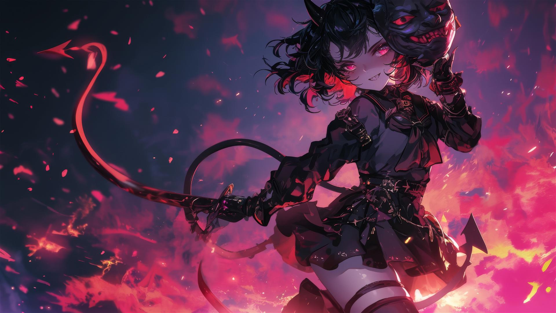 Demon girl with dark mask on a dark background with spotlight