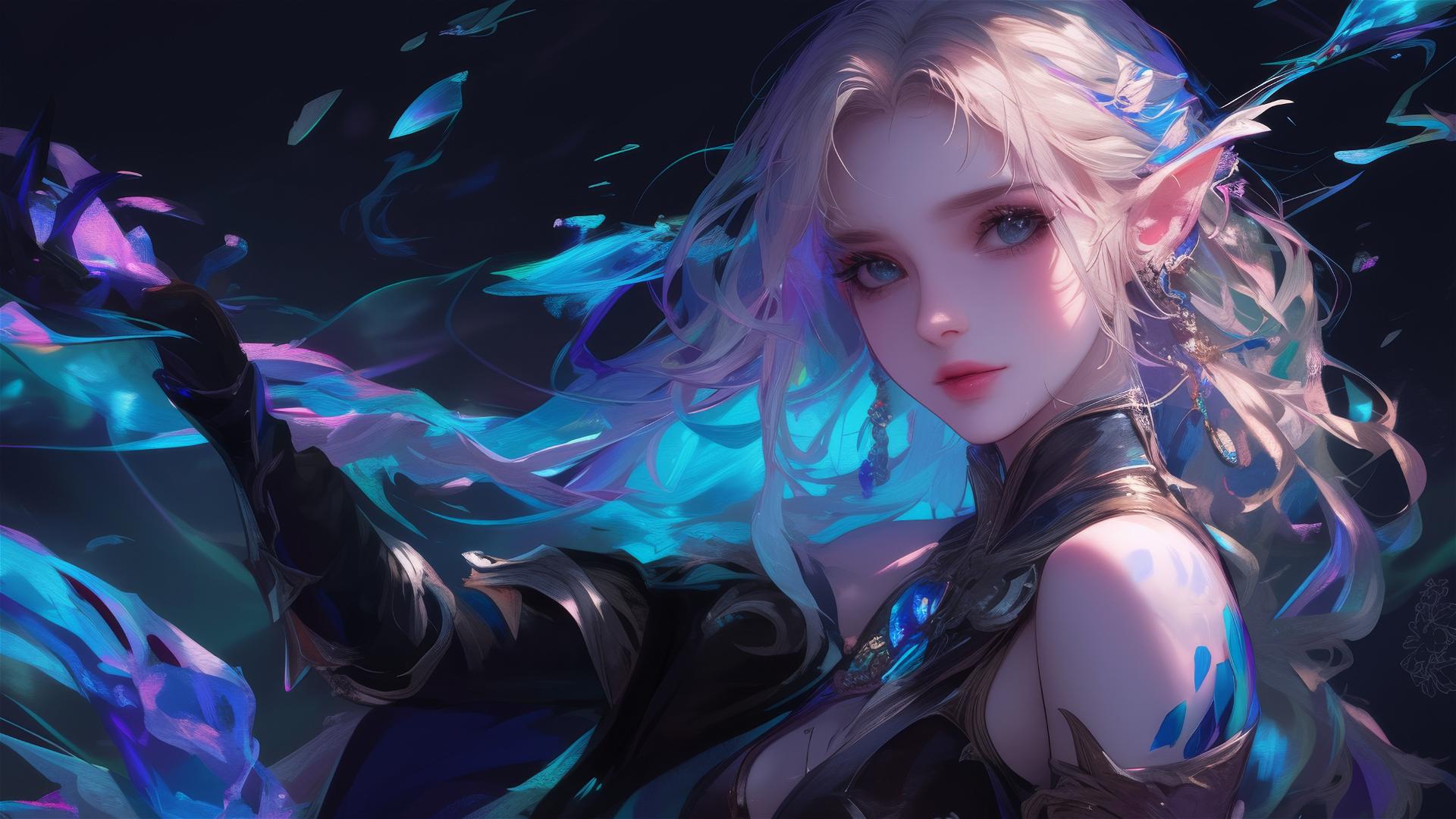 Fantasy Elf girl in dynamic pose with spotlight effect on dark background