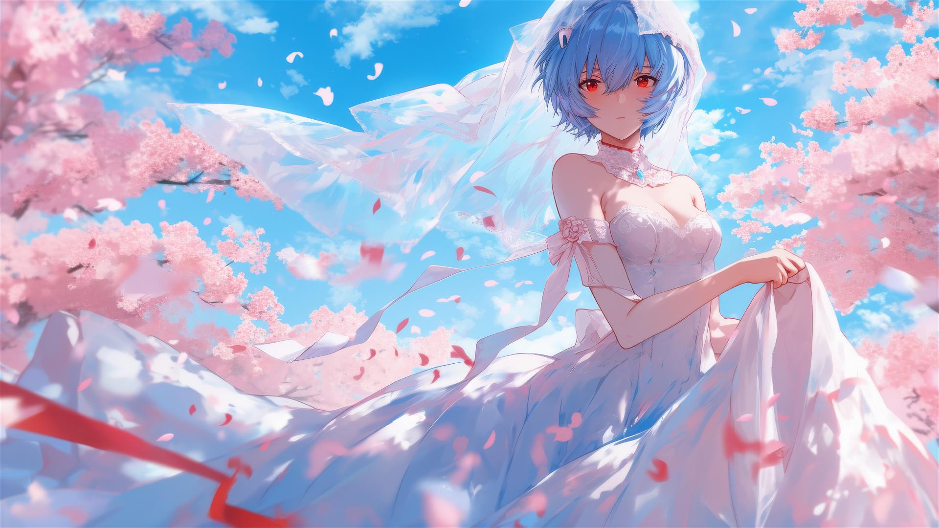 Rei Ayanami in a wedding dress among cherry blossoms