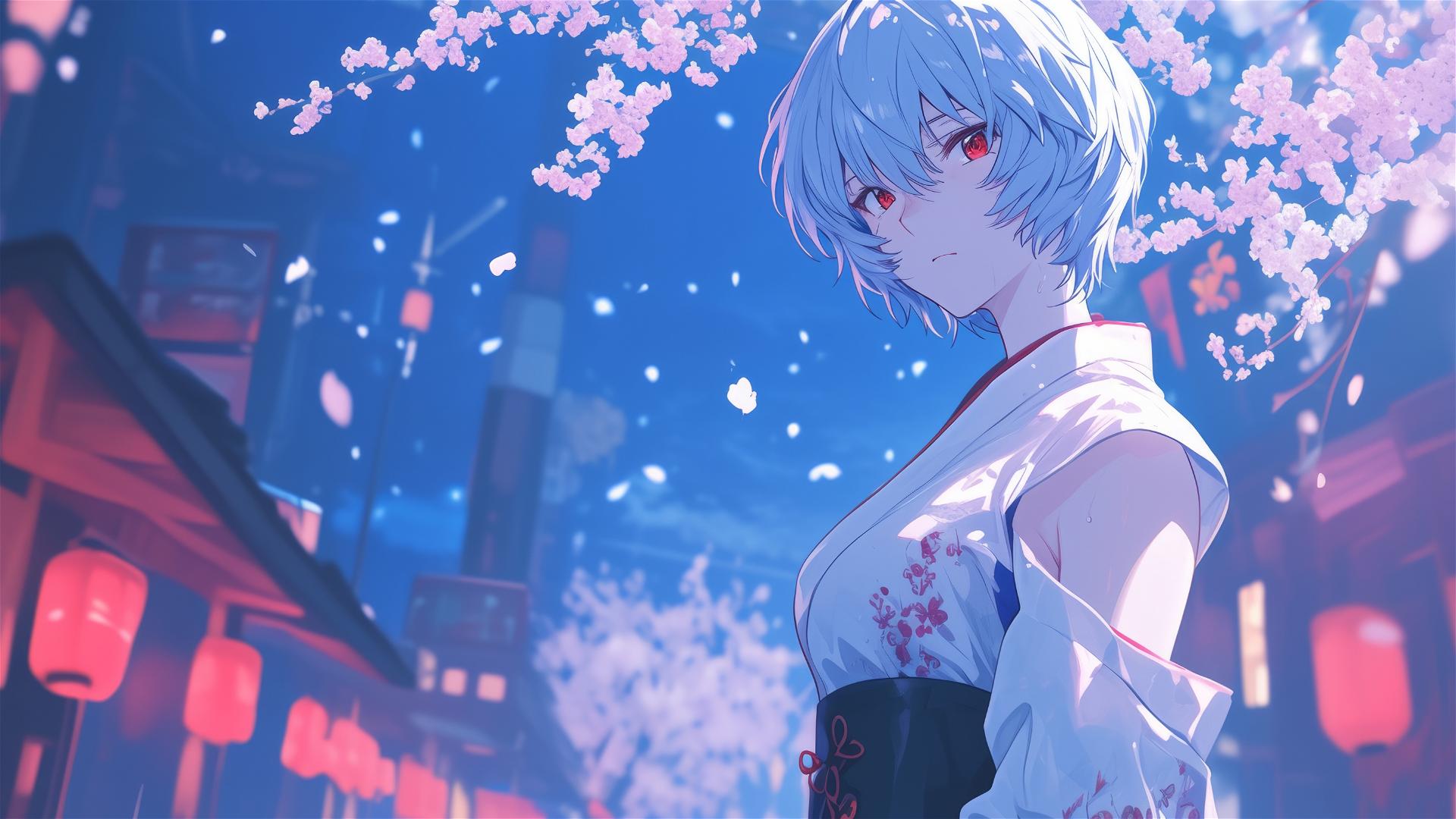 Rei Ayanami in urban attire at night cherry blossom festival