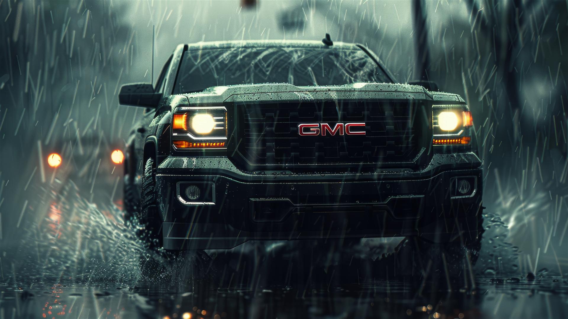 GMC Canyon truck in dim, gothic gloomy setting with fog, photorealistic closeup