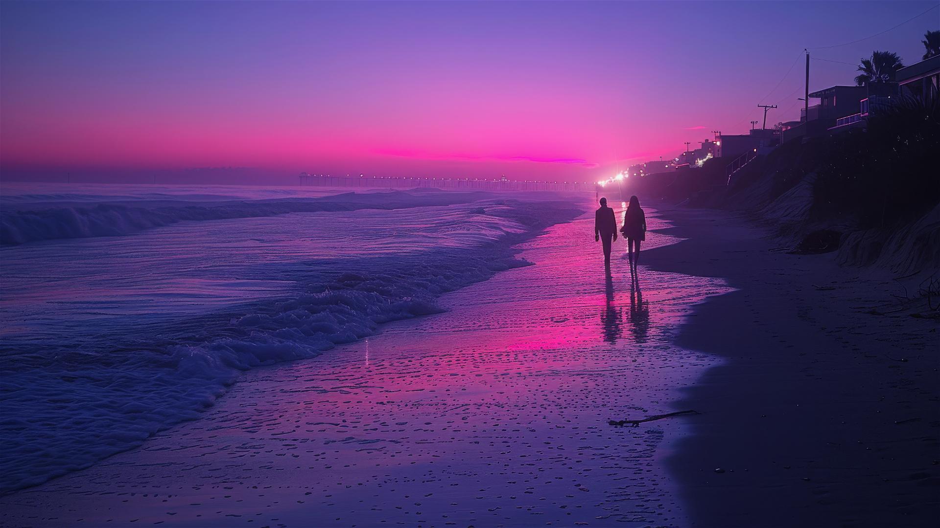 Couple walking on beach at sunset with pink and purple skies