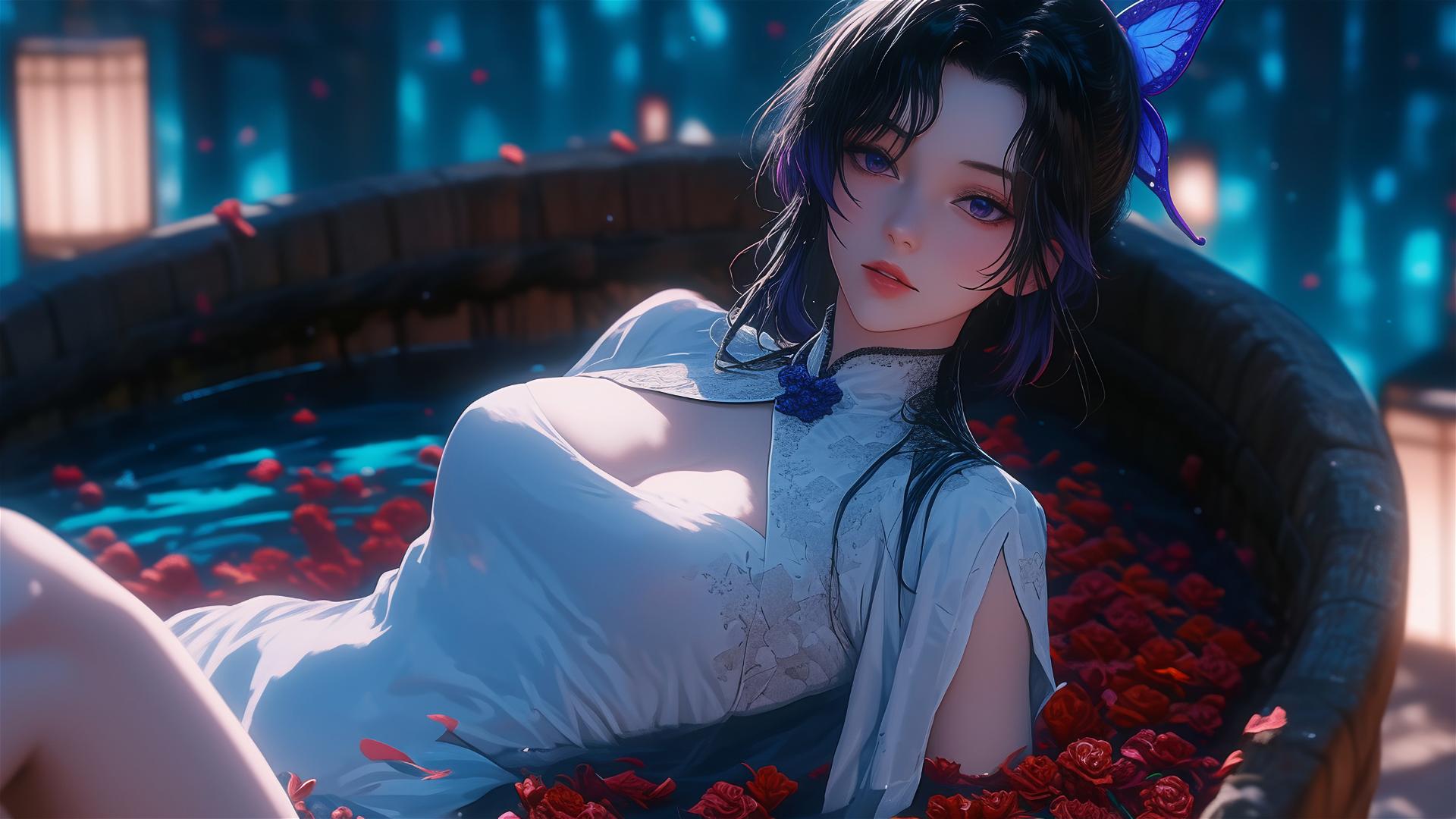 Shinobu Kocho in cheongsam, in a tub of flowers, Chinese spa