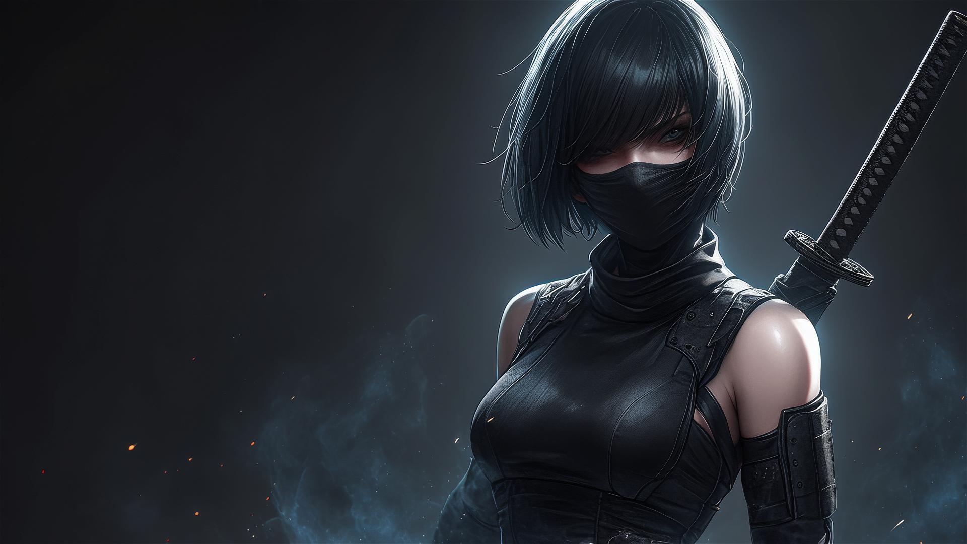 Ninja girl in dynamic pose with thigh spotlight and dark mask