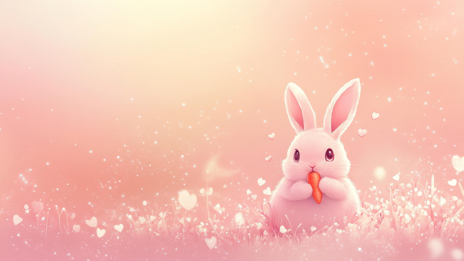 pink cute wallpaper with bunny holding a carrot, hearts, and stars