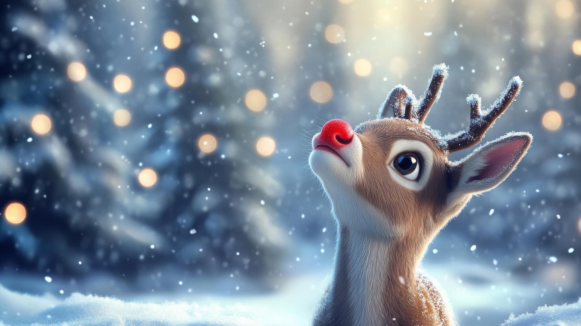 cute winter wallpaper of a reindeer calf with a red nose in snowy, twinkling forest