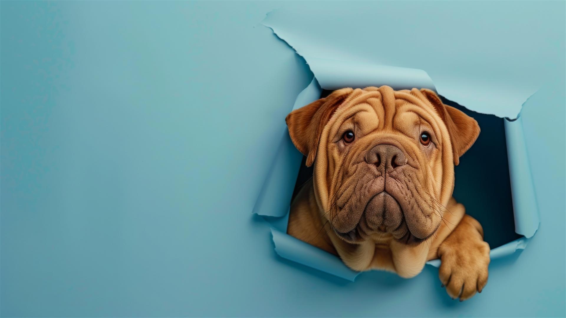 Shar Pei in colors peeking through sky blue paper hole