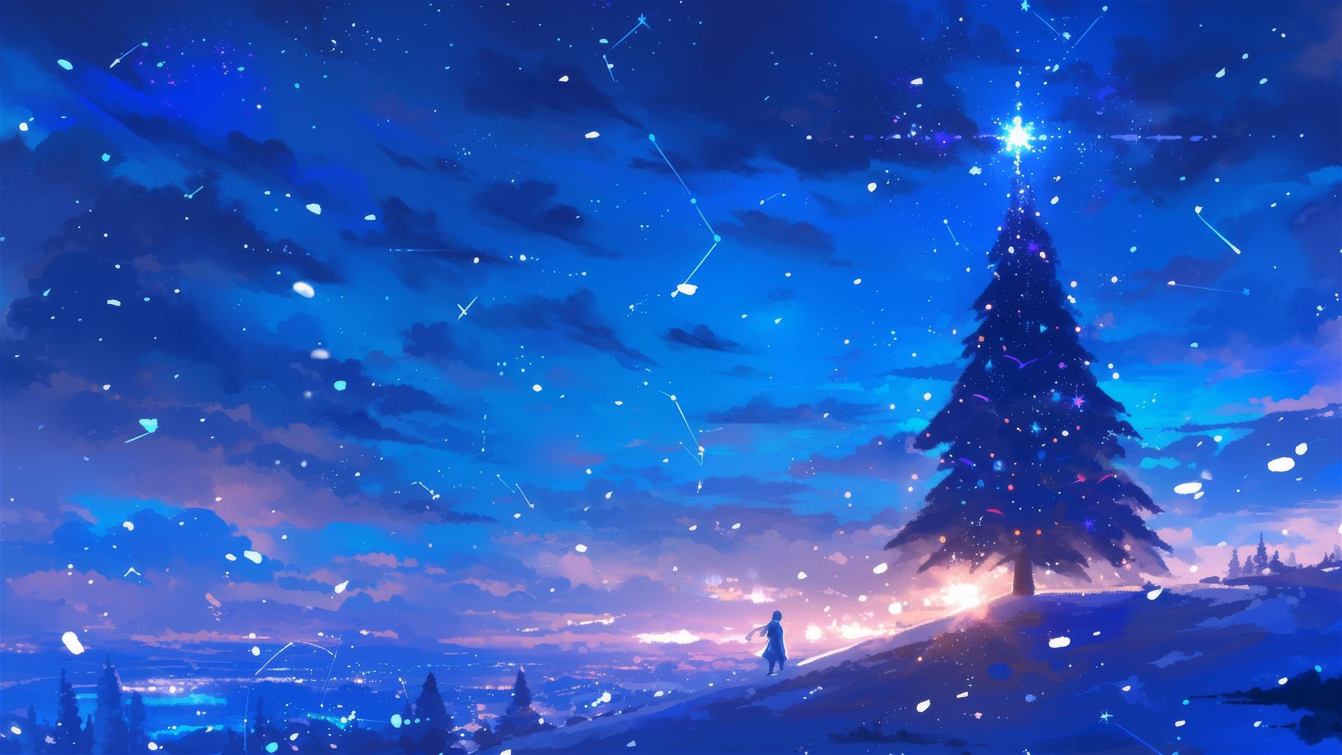 Evergreen peak with eternal snowflakes under unending stars