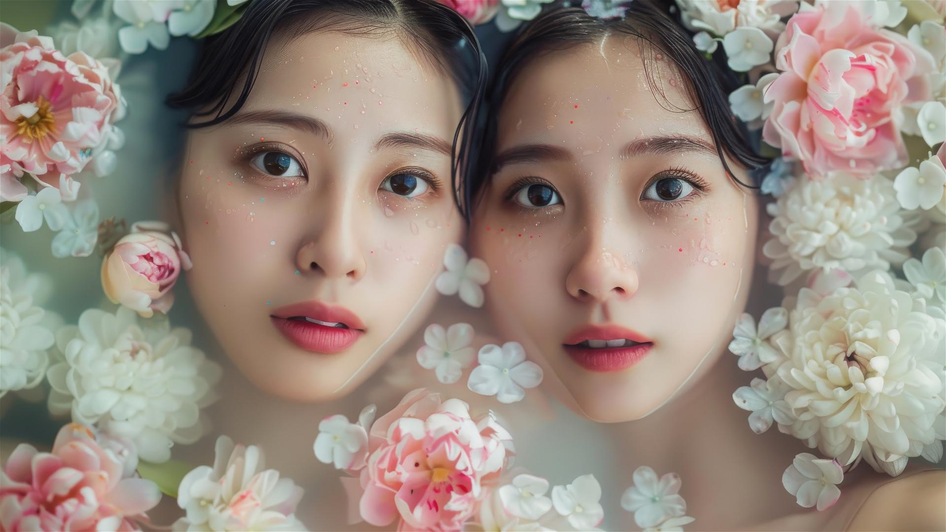 Two young Asian women in a flower-filled bathtub at a Chinese spa