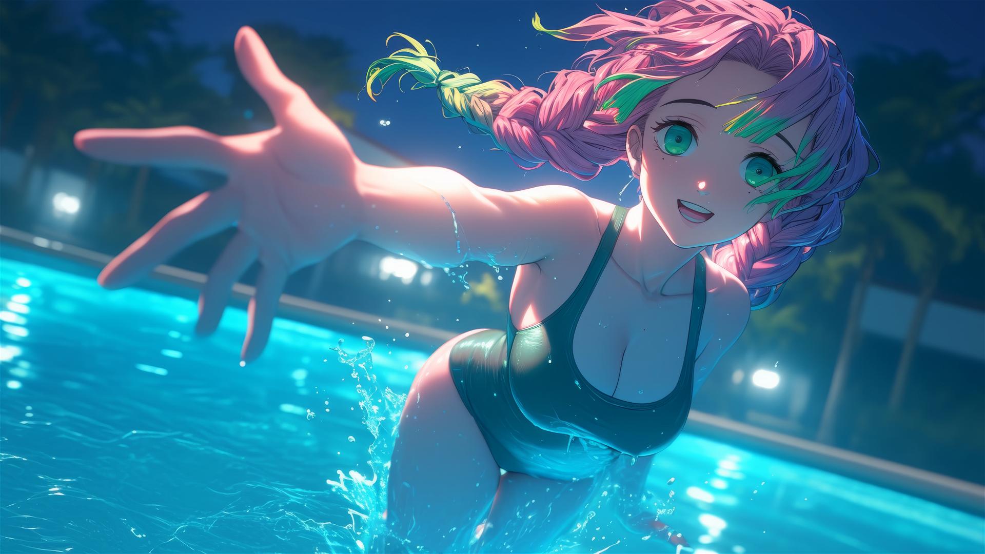 Mitsuri Kanroji from Demon Slayer jumping out of a swimming pool under moonlight.