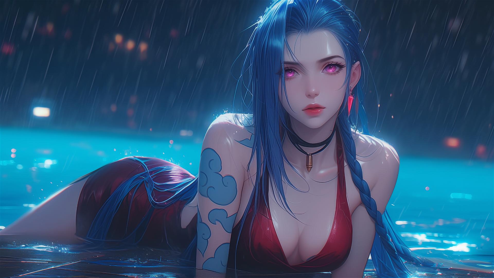 Jinx from League of Legends resting at a rainy swimming pool with moonlight