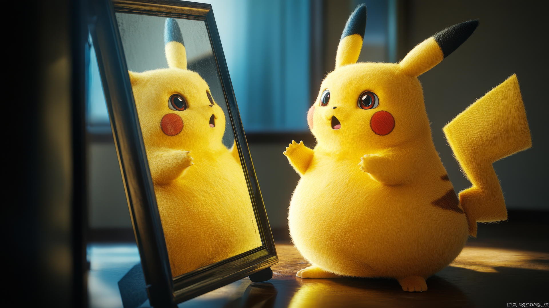 Fat Pikachu looking surprised at his reflection in a mirror