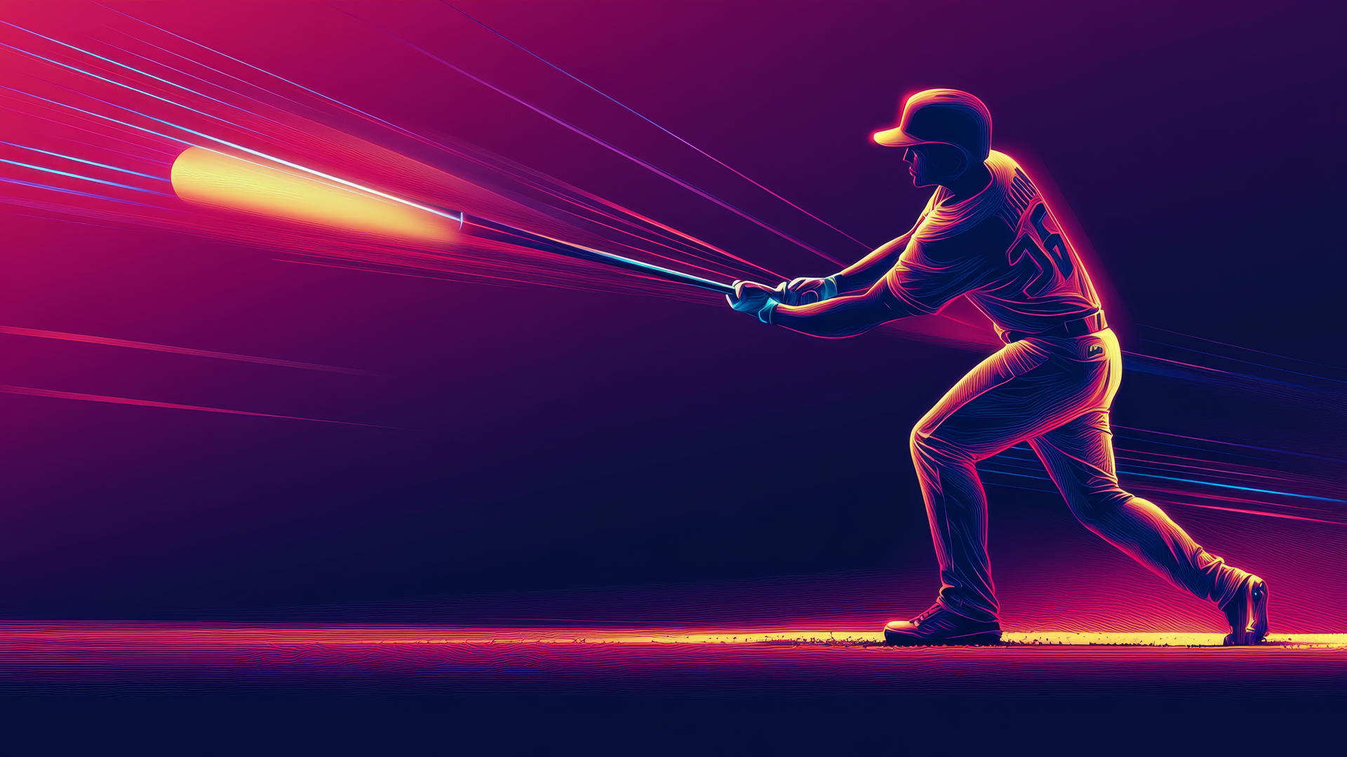 Minimalist vector of a batter with a glowing baseball and neon lines.