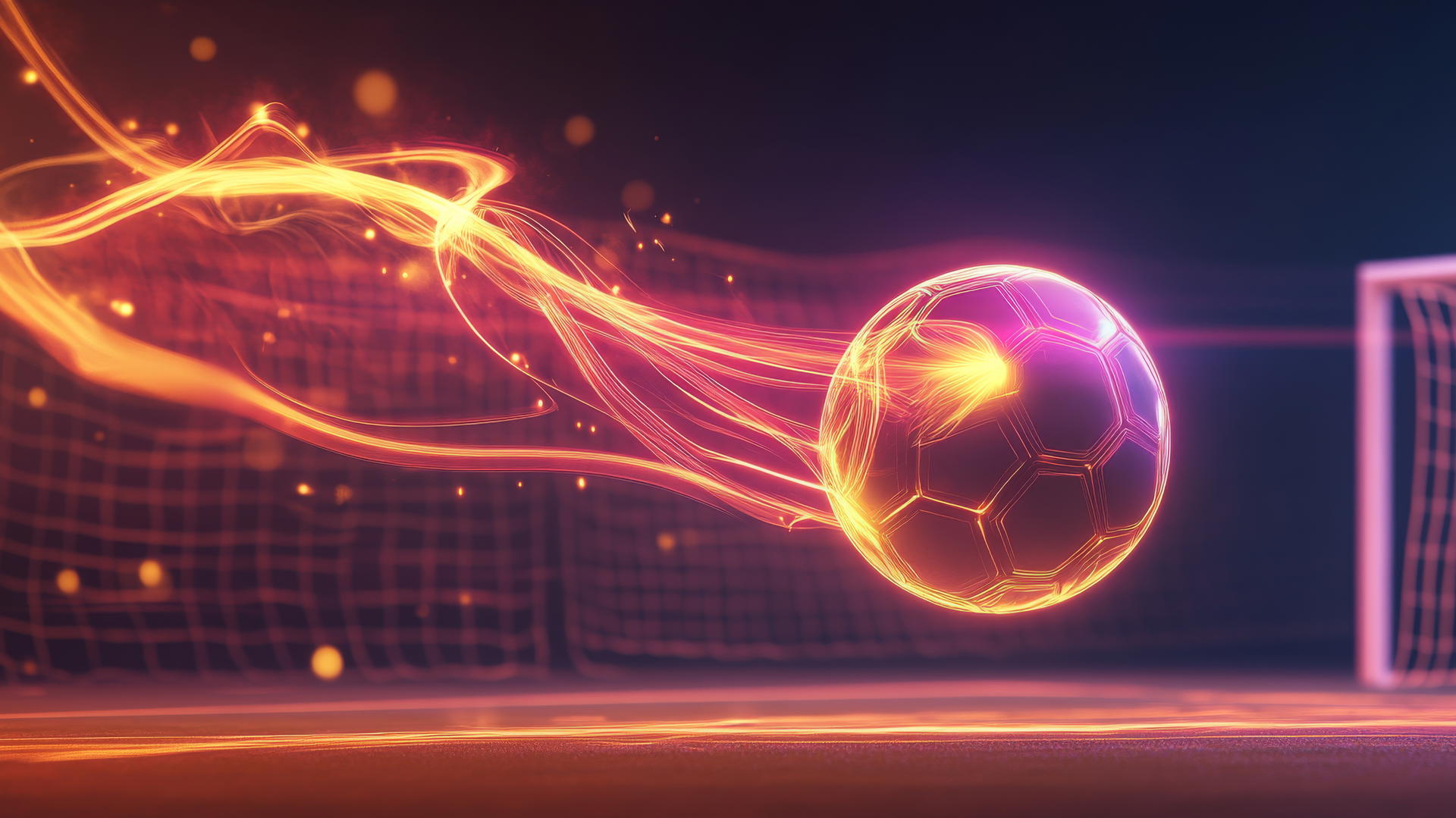Glowing soccer ball mid-air with neon trails on dark background