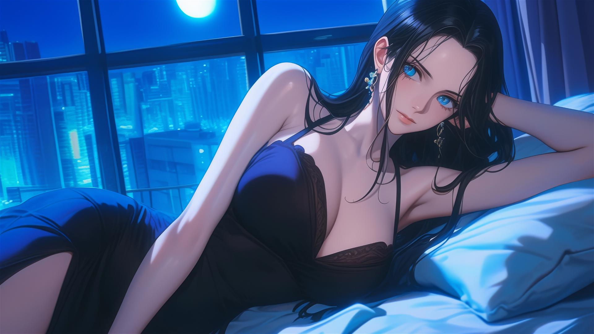 Nico Robin from One Piece resting in a modern hotel room under moonlight