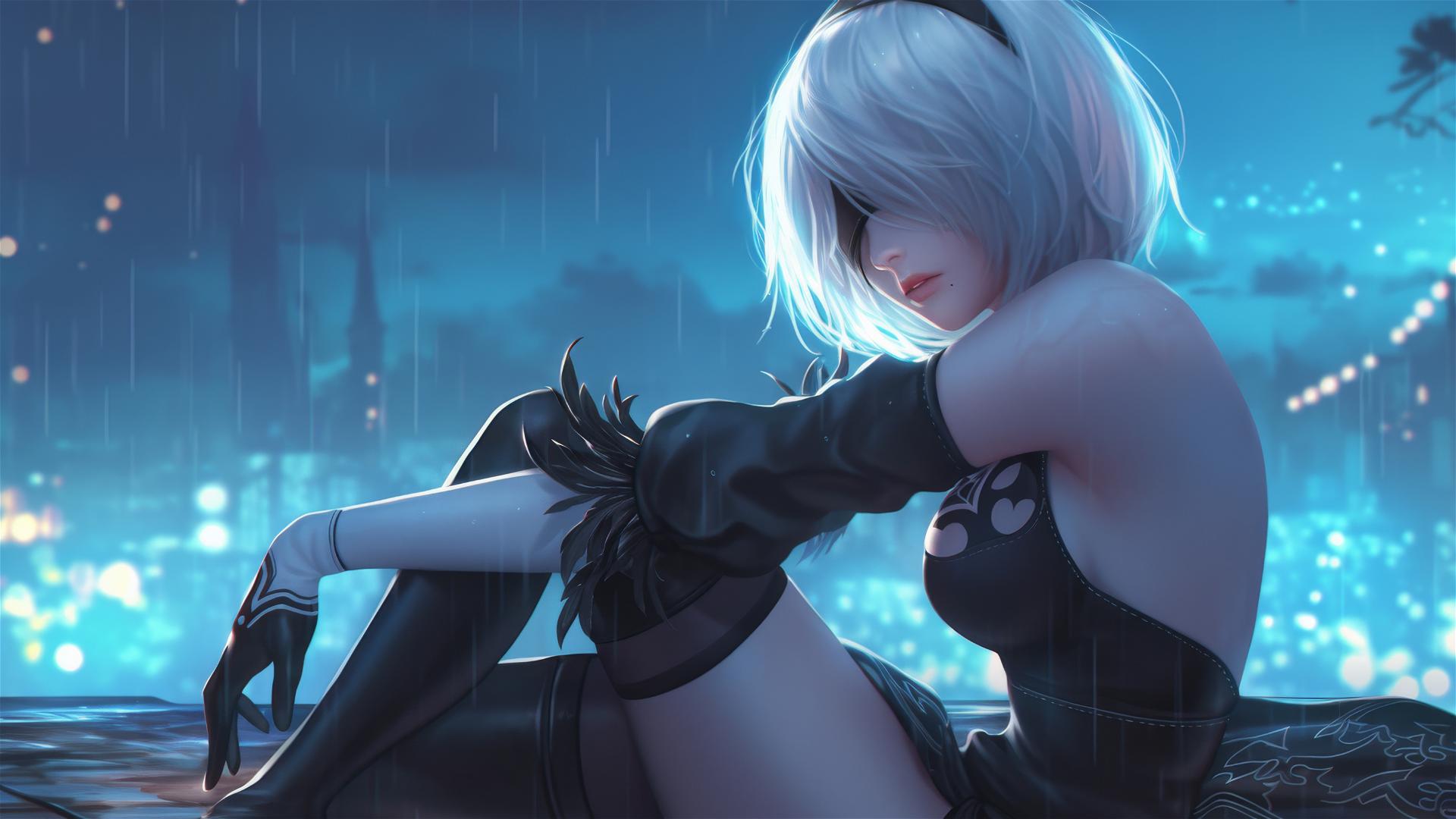 2B from Nier resting by a rainy swimming pool with moonlight glow.