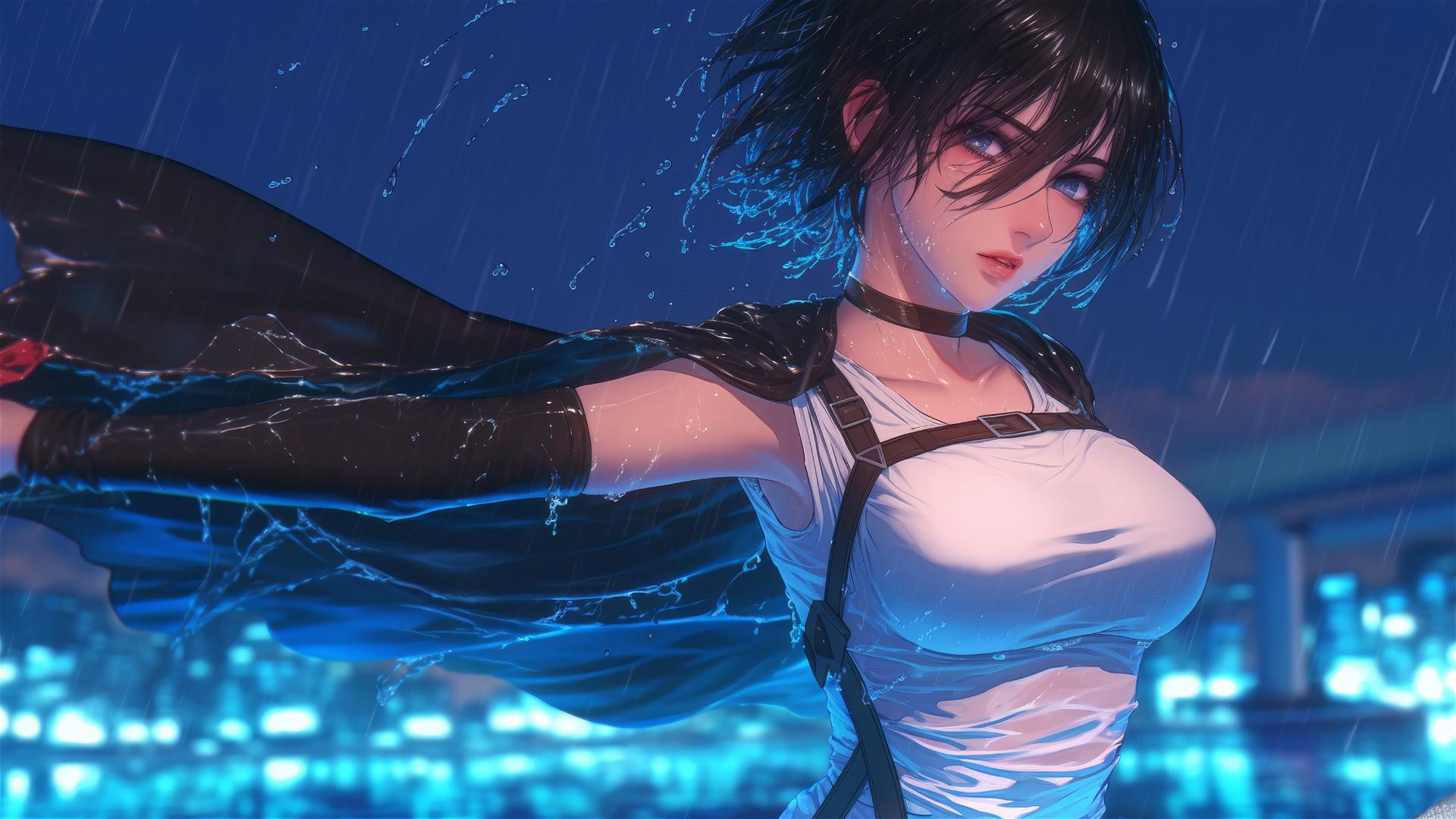 Mikasa Ackerman jumping from a rainy pool under moonlight
