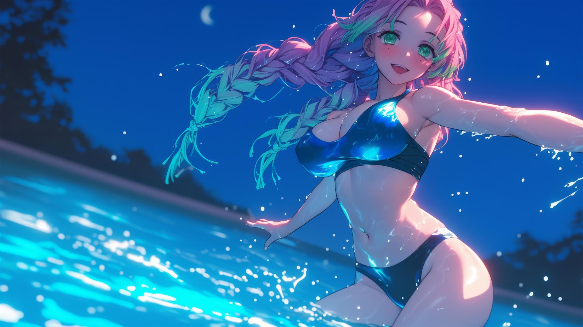 Mitsuri Kanroji from Demon Slayer jumping out of a swimming pool under moonlight.