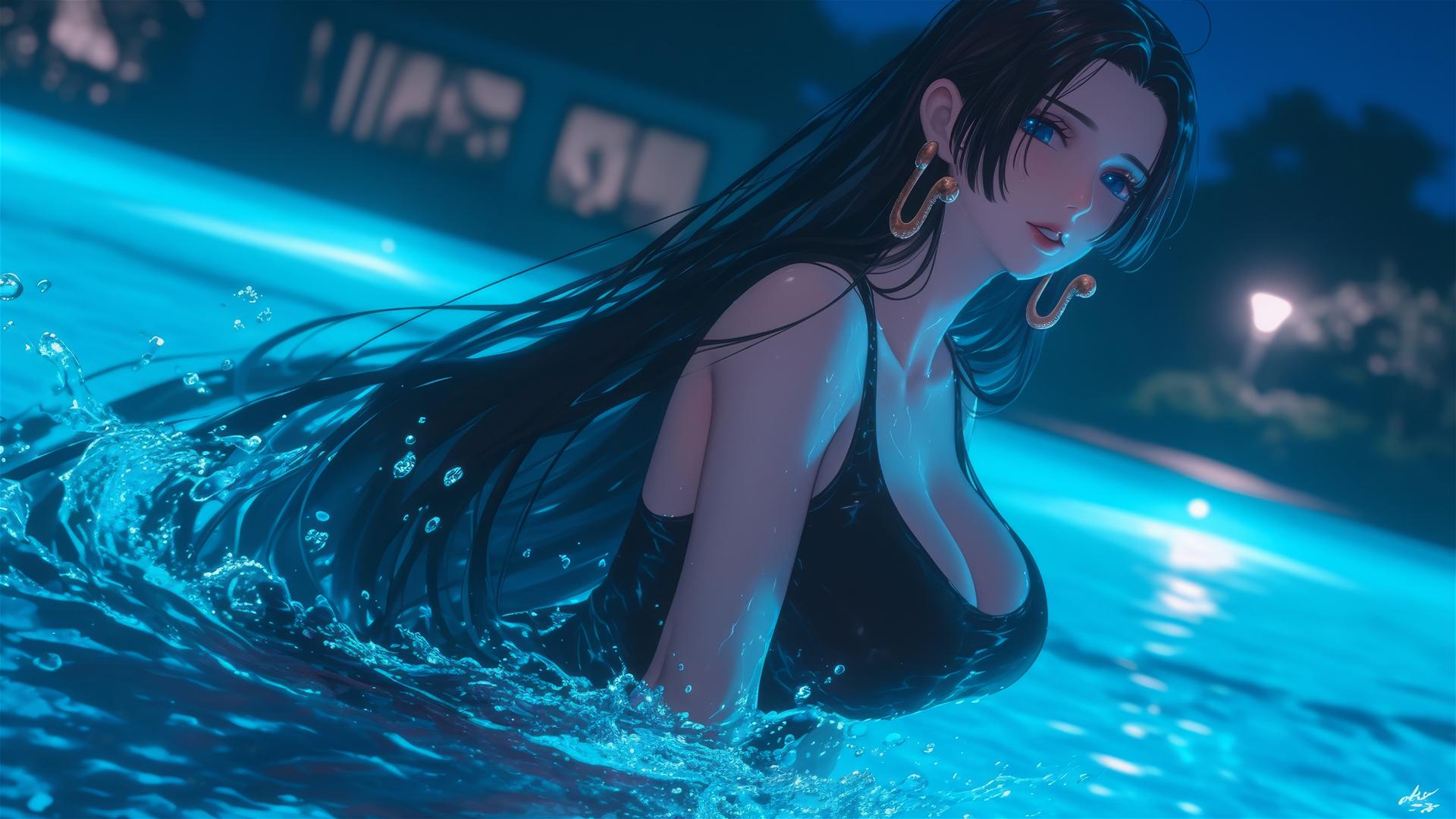 Boa Hancock from One Piece jumping out of a swimming pool under moonlight