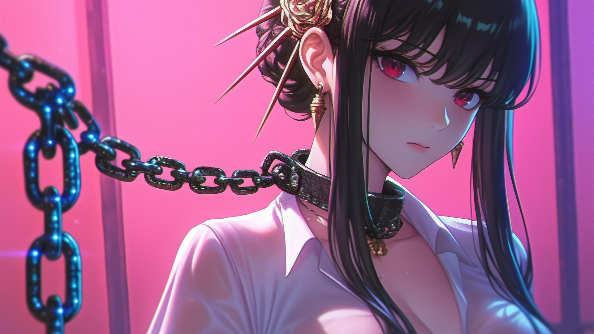 Yor Forger from Spy x Family chained in a modern hotel room with neon pink light.