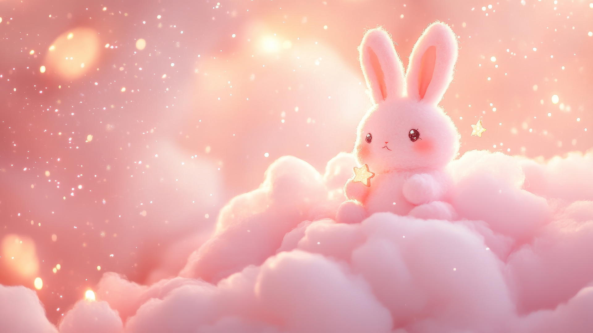 cute pink wallpaper with kawaii bunny holding a tiny star on a fluffy pink cloud