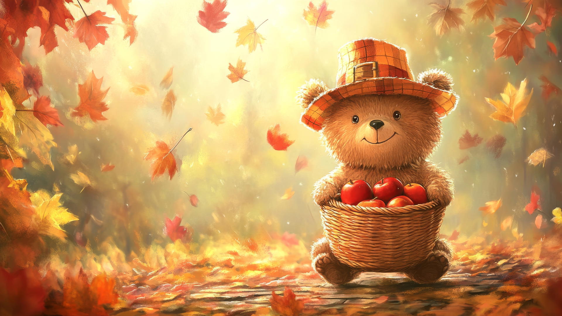 thanksgiving wallpaper cute with cartoon bear in pilgrim hat holding apples, surrounded by colorful falling leaves.