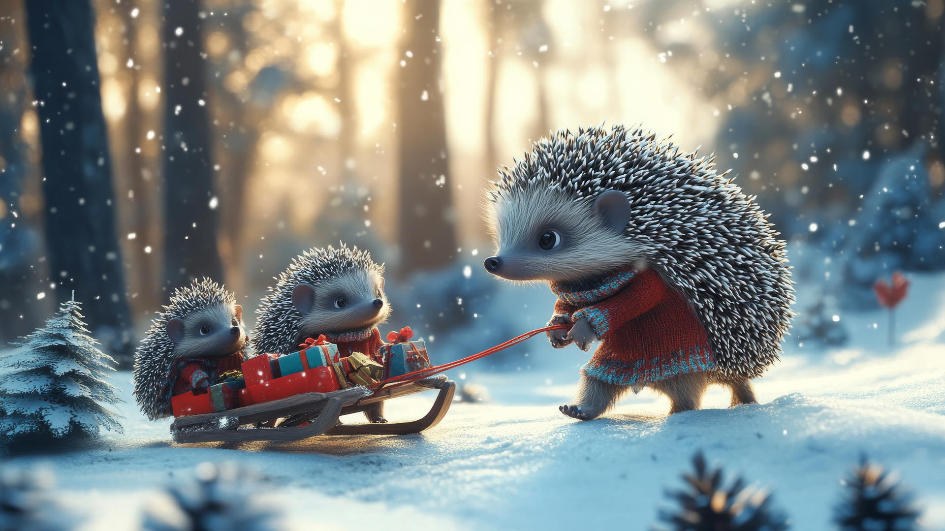 cute winter wallpaper featuring a family of tiny hedgehogs in winter clothes, pulling a sled with gifts in a snowy forest