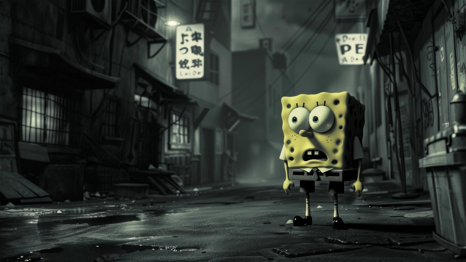 Spongebob in a 1940s noir movie style