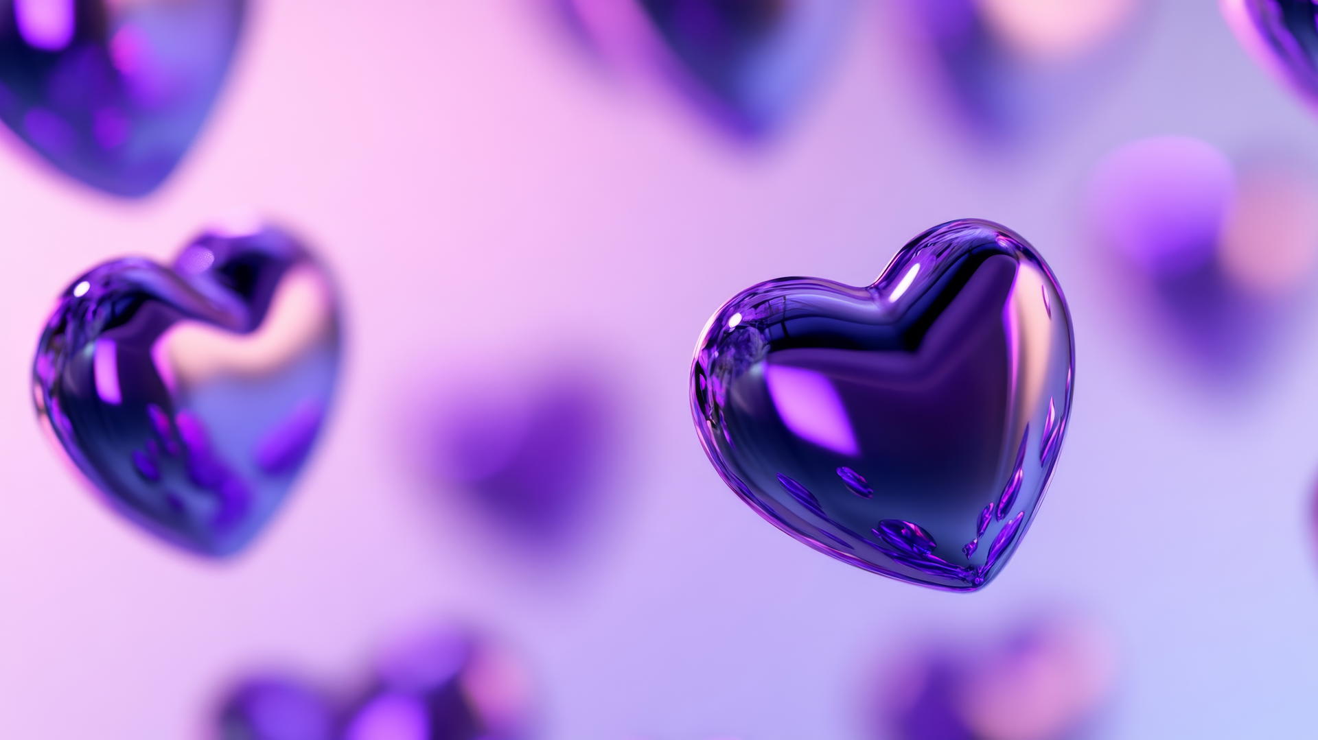 3D-style purple heart wallpaper with metallic hearts floating on a gradient background.