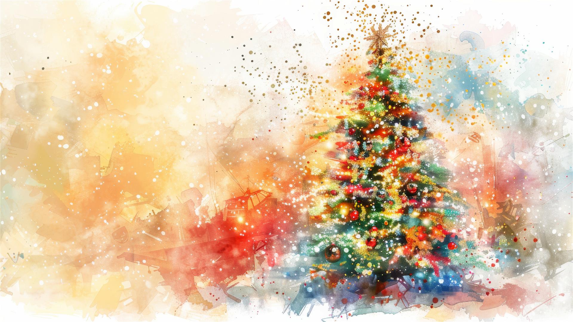 Abstract watercolor Christmas tree with bright, festive atmosphere