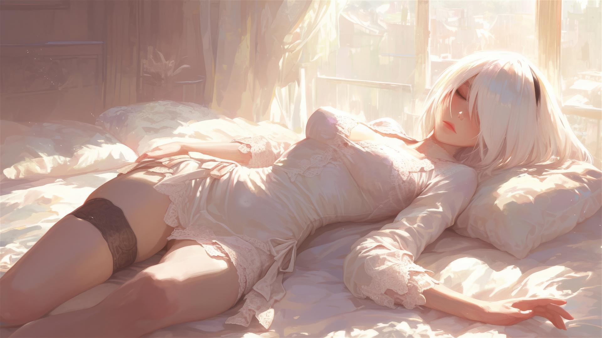2B from Nier in white silk pajamas, basking in sunrise glow.