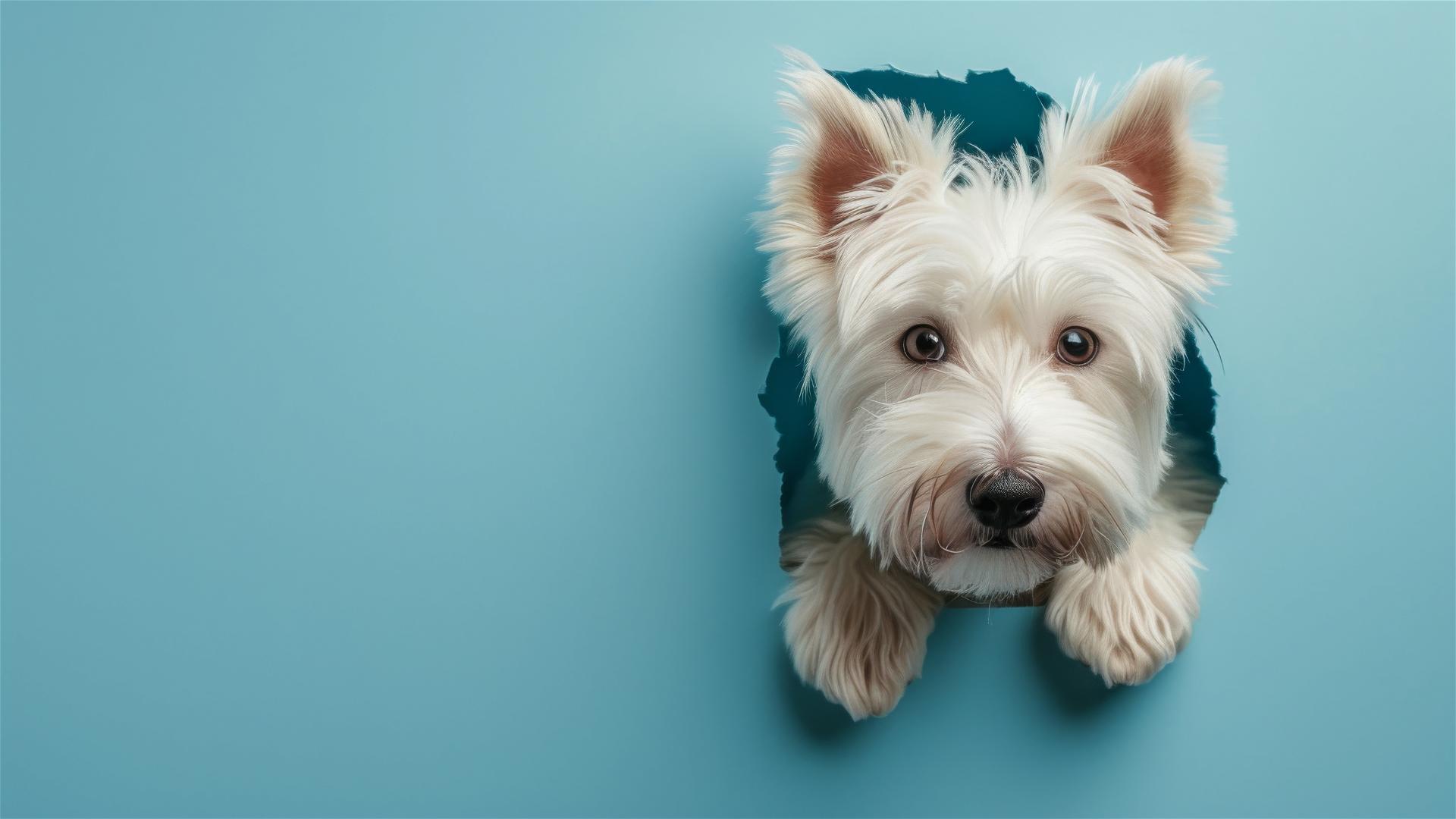 West Highland White Terrier peeking through hole in sky blue