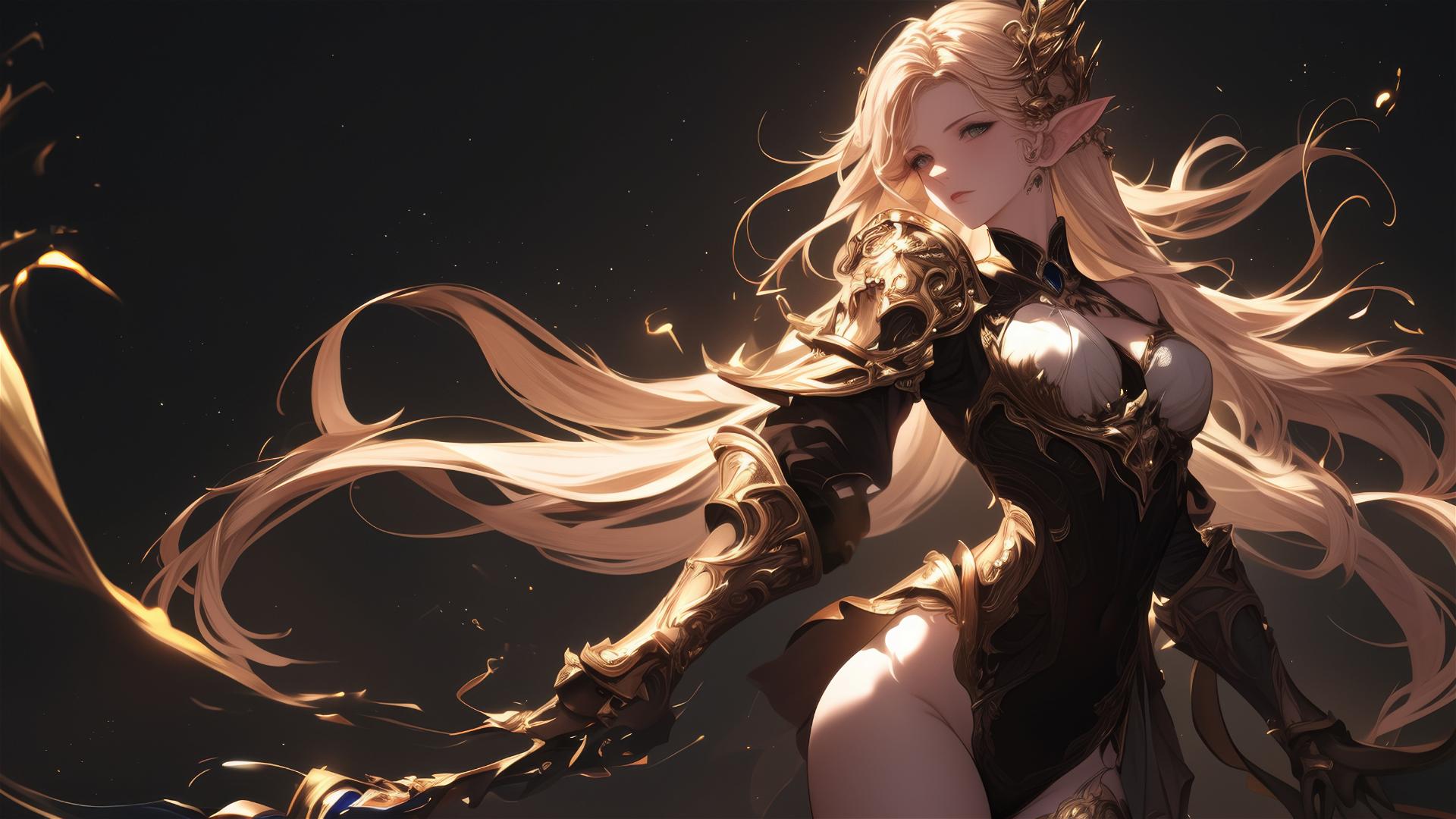 Fantasy Elf girl in dynamic pose with spotlight and dark background