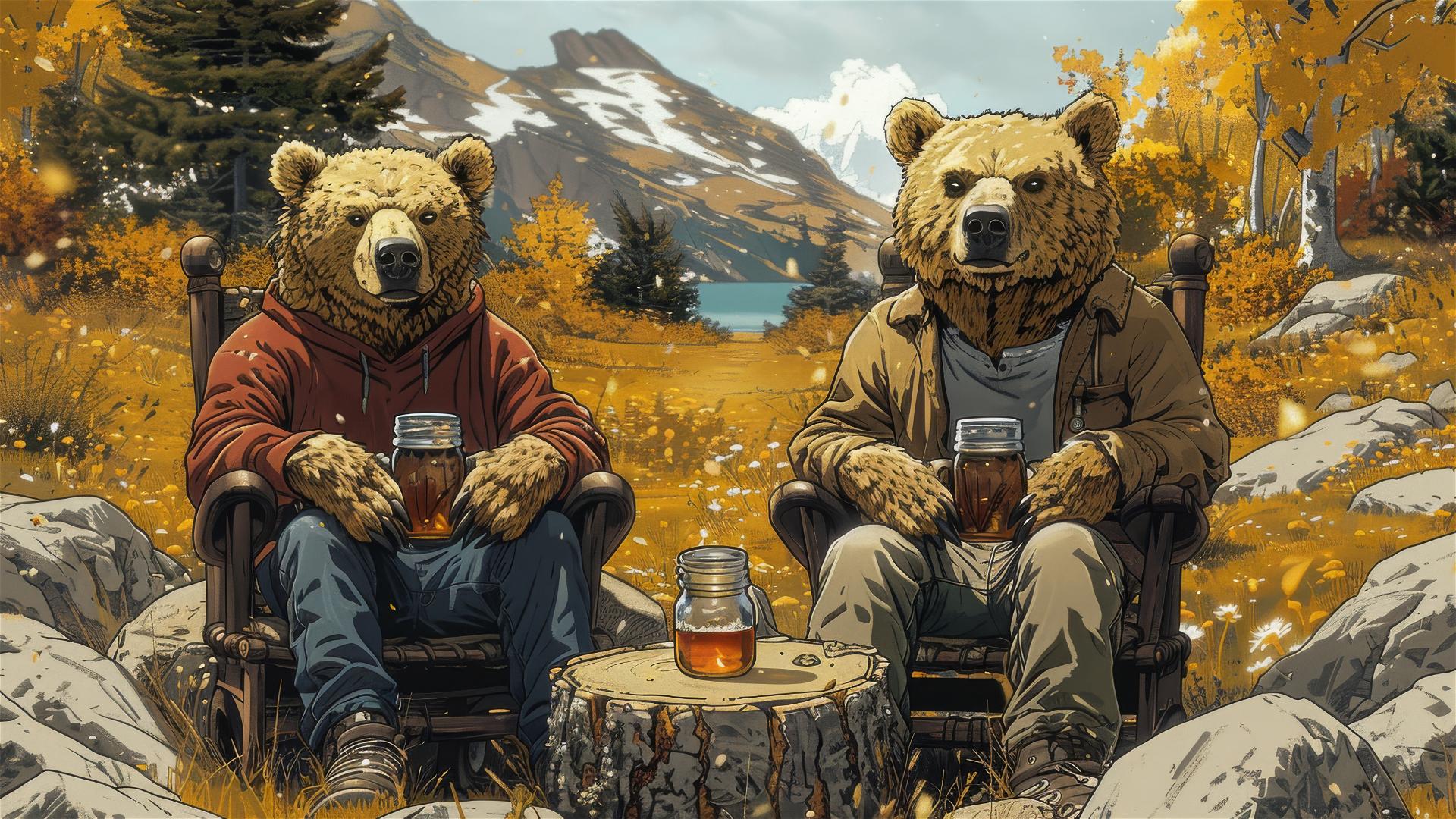Bears in chairs facing viewer, campfire, iced tea, birches, boulders, lake, mountains.