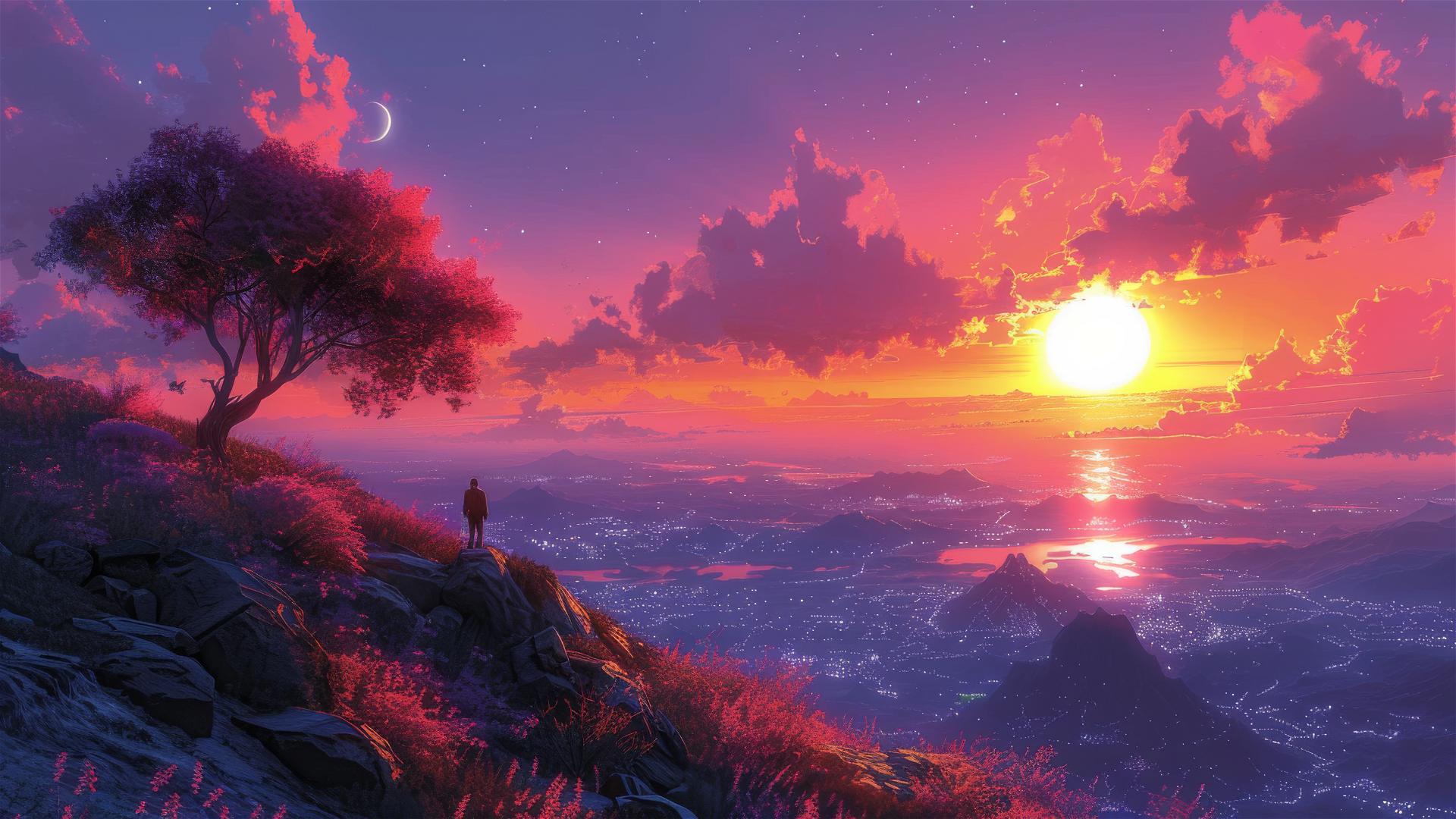 Silhouette on colorful utopian planet with advanced aliens