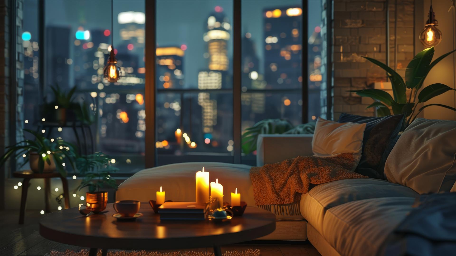 Cozy living room, dim lights, city view through window