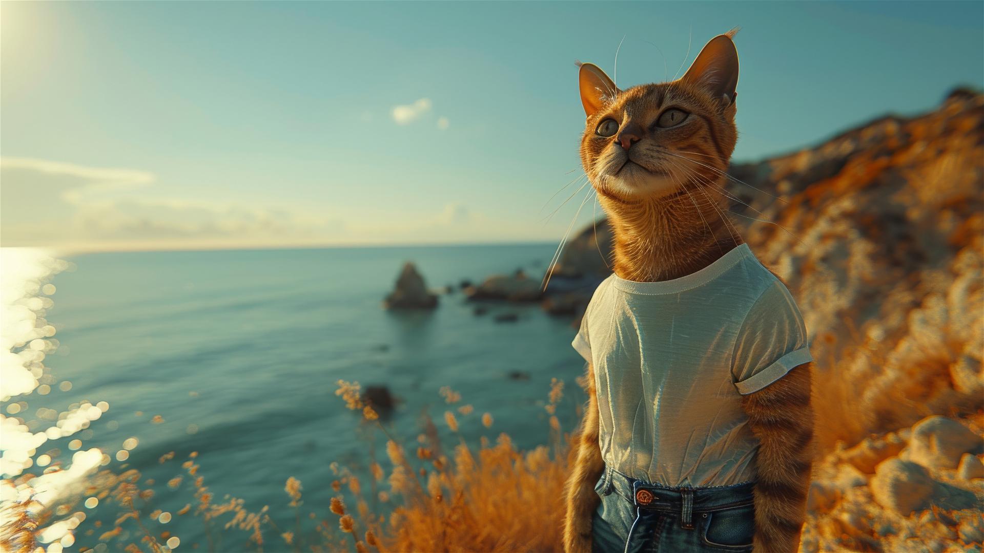 Anthropomorphic cat man in casual attire posing by the ocean.