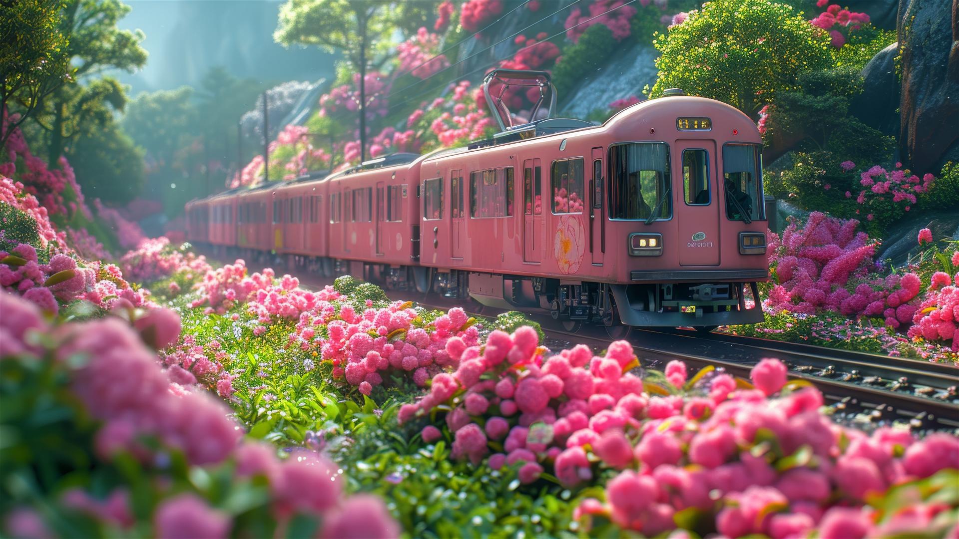 Cartoon metro surrounded by flowers on green grass in Miyazaki style